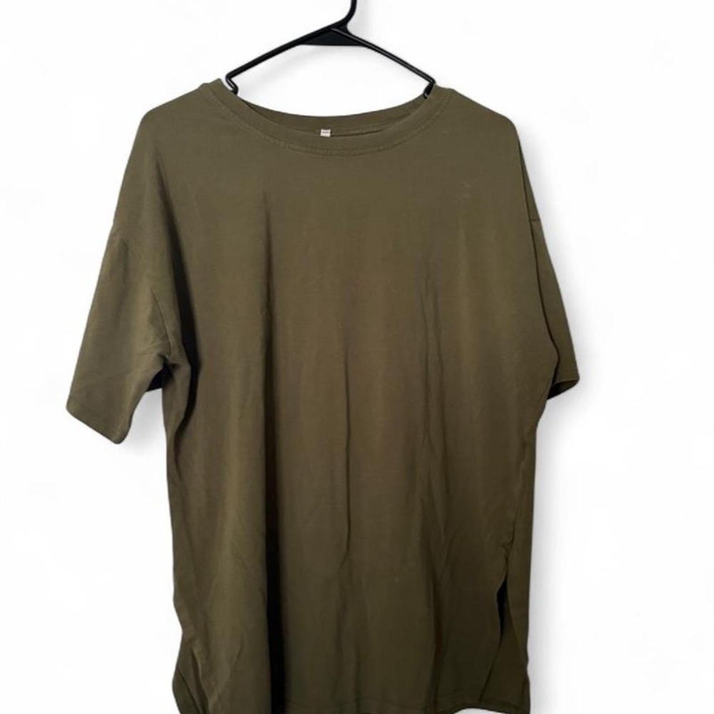 Oversized Olive Green T Shirt Women's Minimalist Drop Shoulder Side Slit Tunic - Picture 1 of 6